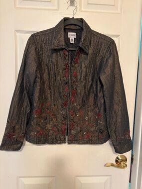 Chico's Black/Gray Metallic Jacket with Red Floral Embroidery & Beaded